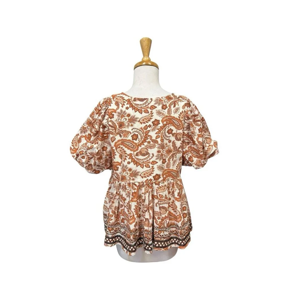 NEW By Anthropologie Puff Sleeve Babydoll Blouse Size L Large Paisley